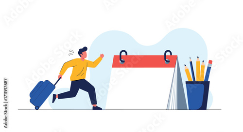 Man in hurry with suitcase and calendar reminder.
