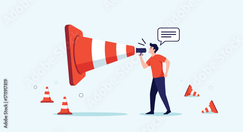 Man with megaphone announcing through a traffic cone.