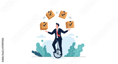 A businessman skillfully juggles tasks while riding a unicycle.