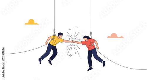 Two people on ropes reaching out to fist bump in mid-air.