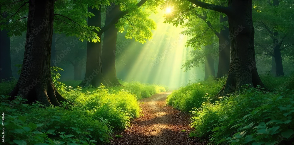 Obraz premium Sun-dappled forest path winds through lush green woods, sunlight filtering through leaves creating a magical atmosphere Perfect for nature, fantasy, and fairytale themes , shadows, magical, vibrant