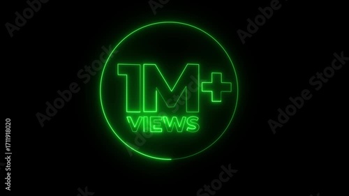 1M views text animation neon on black background. social media views counter - 1M views.