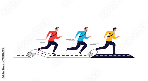 Three men running with increasing speed and efficiency.