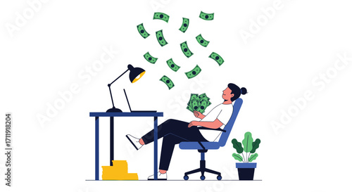 A person relaxes at their desk while money rains down above them.