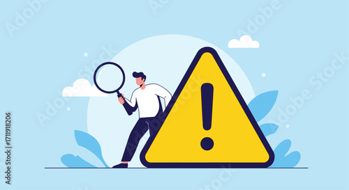 A man is looking at a warning sign with a magnifying glass.