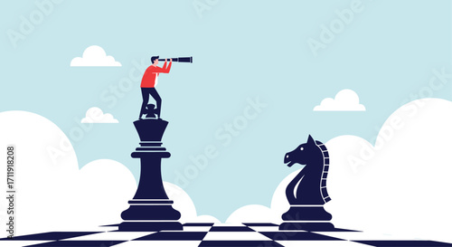 Man with telescope on king chess piece observing the board.