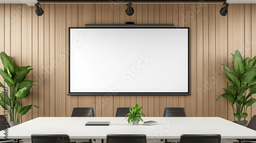 Modern meeting room with projector screen, white table, black chairs, wood wall, green plants