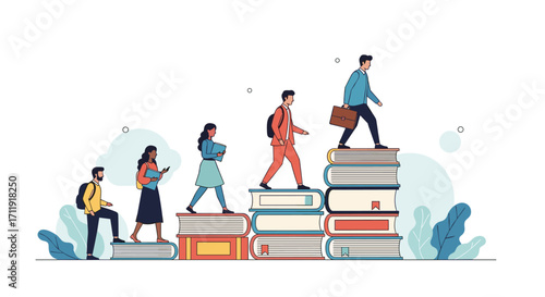 Students climbing stairs made of books to reach their educational goals.