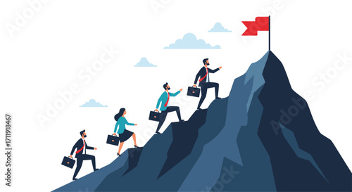 Teamwork climbing a mountain towards success and a red flag.