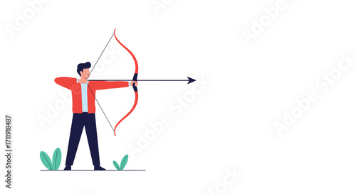 A person aims an arrow using a bow and arrow outdoors.
