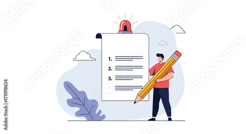 A person writes on a large checklist with a pencil.
