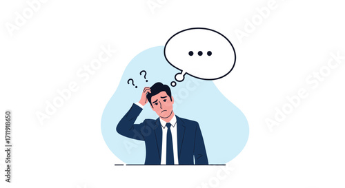 A man in a suit is confused with question marks floating above his head.