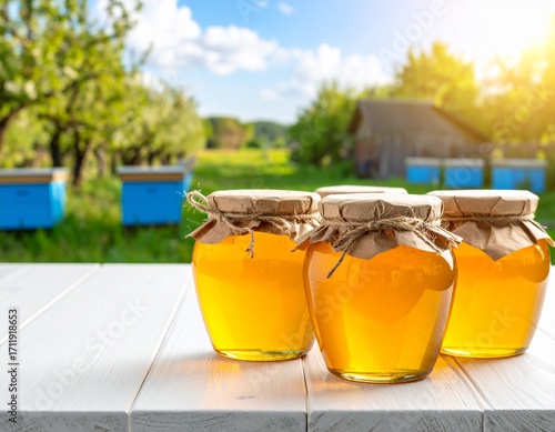 Jars of honey with twine on white wooden table, blue bee hives in sunny summer garden.

