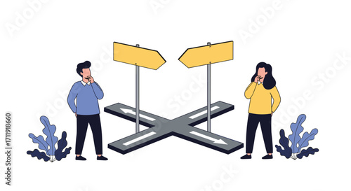 Two people stand at a crossroads thinking about their next move.