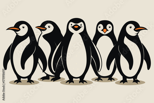 Group of five adorable cartoon penguins standing together