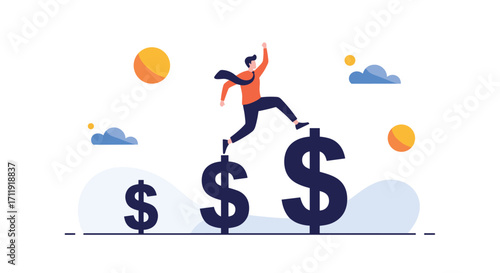 Man climbing dollar signs to represent financial growth and success.