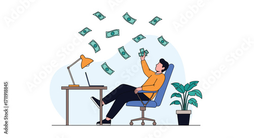 Man in chair throwing money in the air with a laptop and lamp on desk.