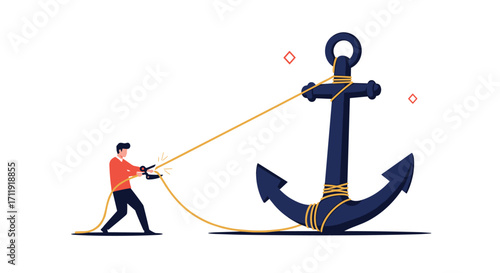 A man struggles to pull a large anchor with a rope.
