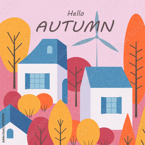 Trendy, colorful autumn poster, cover, and card featuring houses among trees and autumn forests. Autumn background, template for advertising, sales, websites, social media, and print