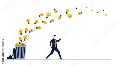 Man discards many lightbulbs symbolizing bad ideas and the search for innovation.