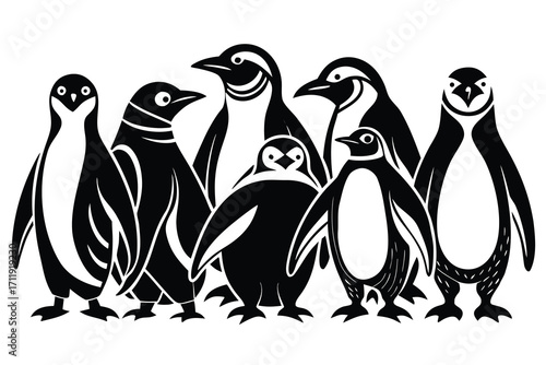 A group of stylized black and white penguins standing together