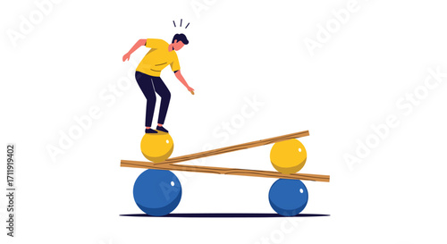 Man balancing precariously on unstable spheres and planks.