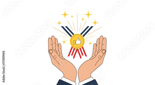 Two hands holding up a golden medal with a thumbs up symbol and glowing stars.