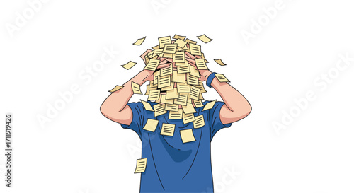 Overwhelmed by a massive pile of sticky notes covering face.