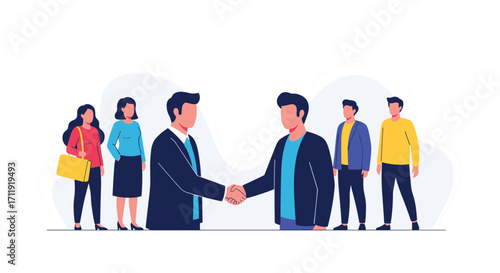 Business people shaking hands with colleagues watching their agreement.