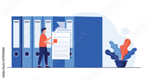 Organizing documents in a large blue binder shelf with a person filing paperwork.