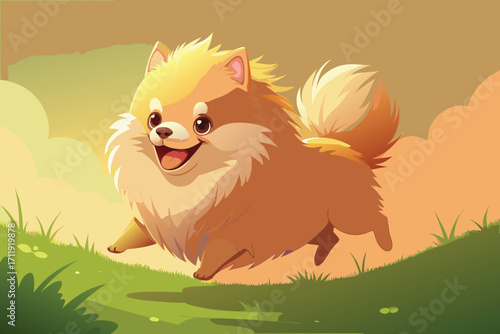 Adorable fluffy pomeranian dog running happily in a sunny meadow