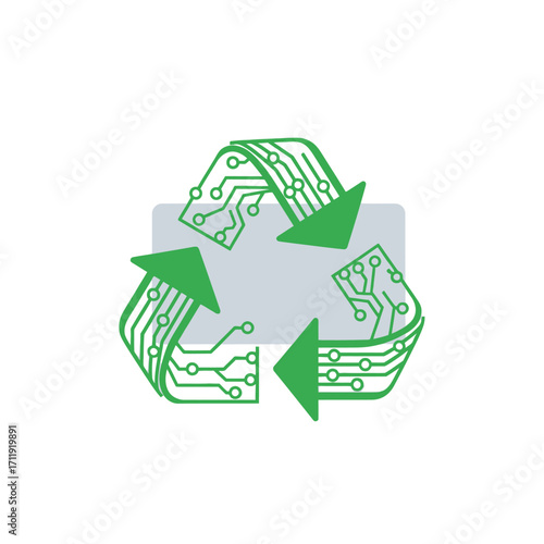 E-waste recycling symbol with circuit board pattern, green technology concept.