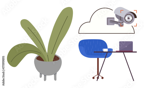 Potted plant near workspace involving chair, laptop, and desk alongside cloud-integrated security camera system. Ideal for remote work, smart home, tech design, security, connectivity, decor simple