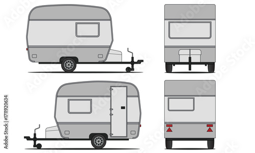 Caravan car vector. Retro caravan mockup vector isolated on white background. With side, front, rear views