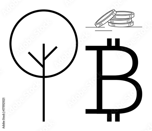 Tree outline, Bitcoin symbol, and stacked coins combine nature, digital currency, and wealth. Ideal for sustainability, crypto, environmental finance, investment eco-conscious growth green economy