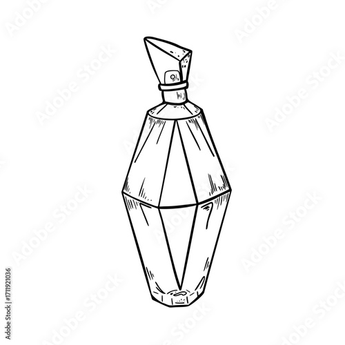 Perfume bottle black and white vector illustration. Hand drawn eau de parfum flacon monochrome. Fragrance toilette bottle line art. Atomizer perfume bottle drawing for packaging and beauty background.