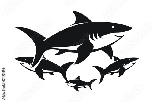 Silhouette of a large shark surrounded by smaller sharks in a circular formation