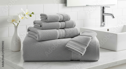 Stack of Soft Black and White Textured Towels on White Marble Countertop with White Orchid near Modern Bathroom Sink Interior Decor