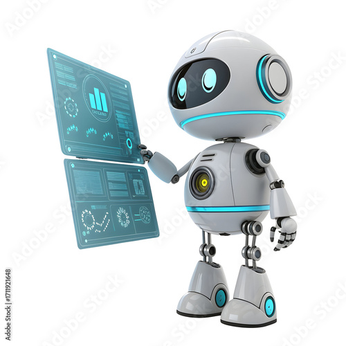 Cute white robot examining data on a futuristic touchscreen display isolated on transparent background