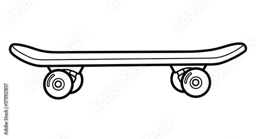 Simple black and white line drawing of a skateboard, showing the deck and wheels.