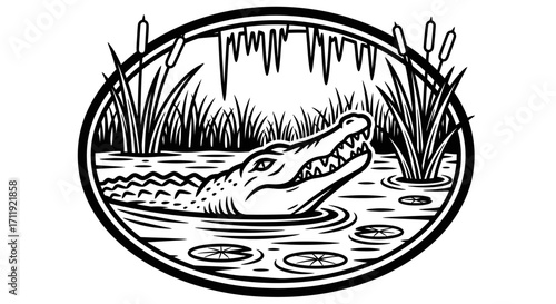Alligator emerges from water in a swampy environment, surrounded by cattails and lily pads, within an oval frame.