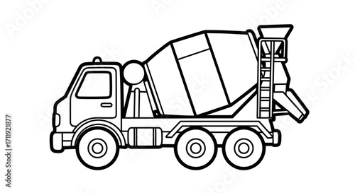 Outlined illustration of a concrete mixer truck, perfect for coloring.