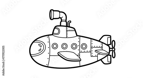 A charming line drawing of a cartoon submarine, ready for underwater adventures.