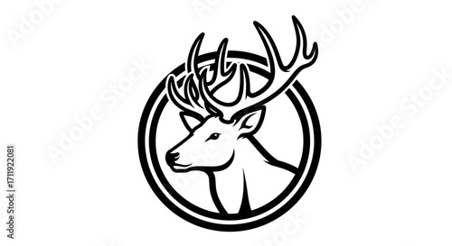A stylized black and white illustration of a majestic deer within a circular frame.