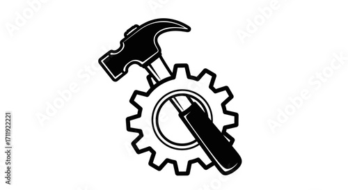 A black and white graphic of a hammer and gear, symbolizing industrial work.