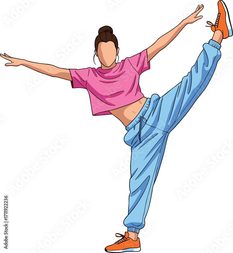 Stylized High Leg Stretch Pose in Streetwear for Dance, Fitness, Gymnastics, and Active Lifestyle Character Design and Illustration Use