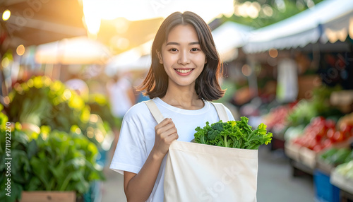 Young Asian woman smiling and holding a reusable bag of fresh green vegetables at an outdoor market during sunset.