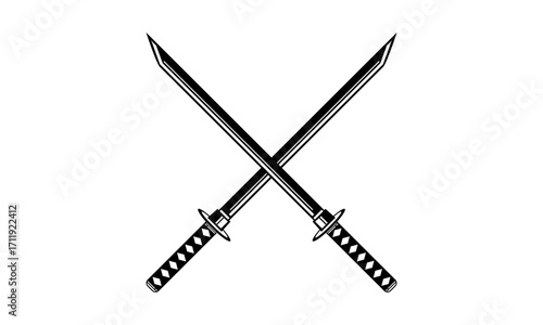 A striking black and white illustration of two crossed Japanese katana swords isolated on a plain background.