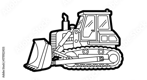 A monochrome illustration of a bulldozer, a construction vehicle, ready for work.