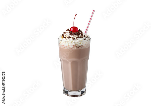 Delicious chocolate milkshake topped with whipped cream and a cherry, served in a tall glass
